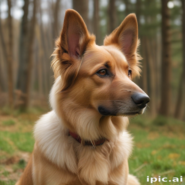 A Beautiful Dog Sitting Calmly in a Lush Green Forest Setting.