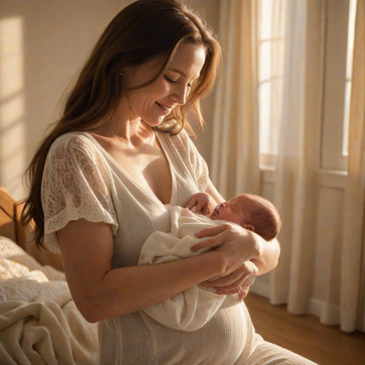 Warm, softly lit image of a mother cradling her newborn baby in a sunlit nursery, soft shadows from the crib cast on the walls, the smell of baby powder lingering in the air, a peaceful smile on the motheres face, the baby asleep in her arms.