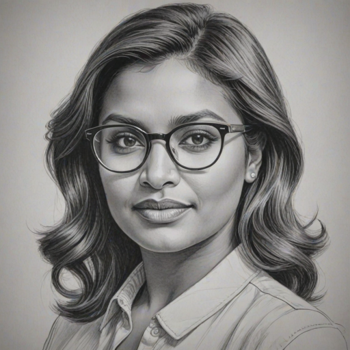 Elegant Mindy Kaling, pencil sketch, portrait of Gorgeous woman 1980s in glasses, hair style beatnik, outline, clear lines, fine lines, 8k