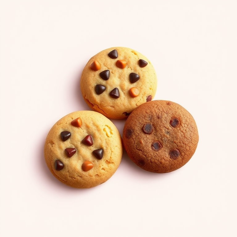Create a colorful and realistic illustration of three different types of cookies on a simple background, using a DSLR camera with a 50mm lens, aperture set at f/2.8, ISO 100, soft lighting for enhanced texture and detail.