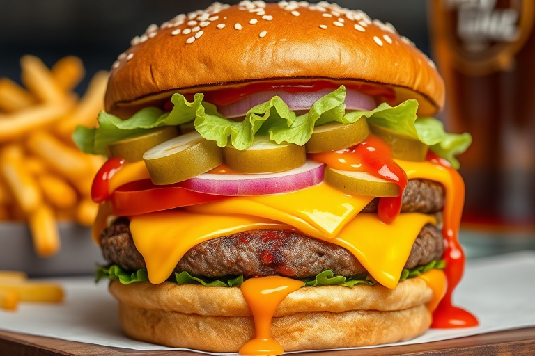 High-resolution, close-up image of a gourmet double cheeseburger. The burger features a glossy, sesame-seed-topped brioche bun. Inside, there are two thick, juicy beef patties, each topped with melted cheddar cheese. The burger is garnished with fresh lettuce, tomato slices, diced onions, and pickles. A generous amount of ketchup and a creamy, orange-colored sauce is dripping down the sides, adding to the mouth-watering appeal. In the background, there are blurred elements including a side of golden French fries and a hint of a beverage, enhancing the overall presentation of a delicious meal.
