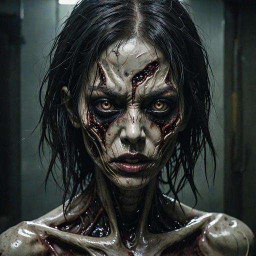 (perspective) of A creepy (ethnicity) zombie cyborg with (descriptive color) skin, (color) lipstick (color) liquid flowing from her eyes and mouth, (perspective two) portrait, (camera angle), extremely detailed, (art style) in the style of Yoshitaka Amano and Tetsuo Hara. --ar 85:128 --style raw --niji 6