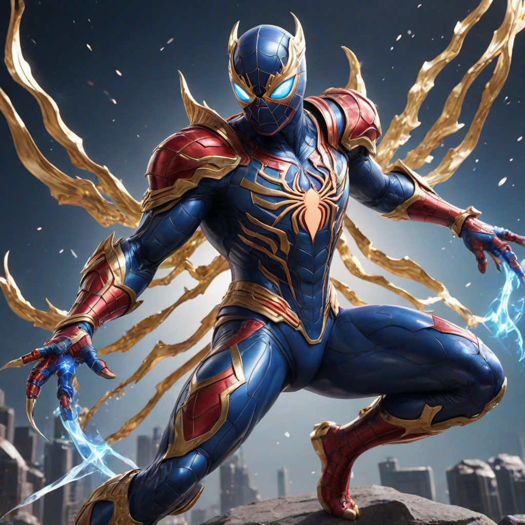 A high-budget, anime-style wallpaper featuring Spiderman in an epic White, blue red Kirin armor. Golden dragon gloves, the gloves is in the shape of dragon heads, Golden dragon head gloves, White glossy eyes, The armor is designed with metallic details that reflect light, showcasing intricate Kirin motifs. Spiderman's armor is a striking gradient of blue, red and white, with Colorful galaxy inner sections, making it look both powerful and sleek. The background is flat white, with Kirin-shaped blue-violet glowing rune relic to give the impression power, striking pose, the Kirin's armor is dominantly in white, with some details in blue and red, Cinematic anime action scene, cinematic action pose, medium shot action portrait, dramatic effect of shadow and light.