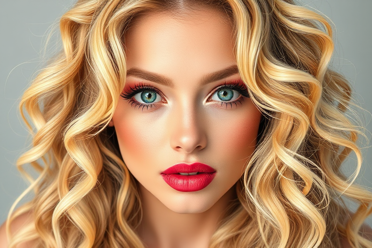 Create an illustrated portrait of a woman with long, curly blonde hair and bright, colorful makeup, using a Canon EOS R5 camera, 85mm lens, f/1.8 aperture, ISO 100, in soft natural lighting for enhanced vividness and detail.
