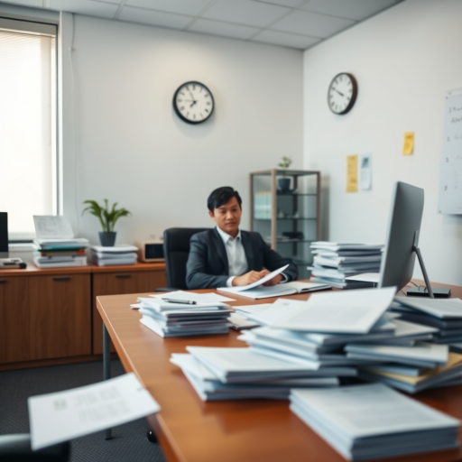 professional office setting with a person sitting at a desk loaded with paperwork, minimalistic style, soft lighting, focus on the subject, clock on the wall, 50mm lens, aperture f/2.8, ISO 200, shot from eye level with a slight depth of field to blur the background