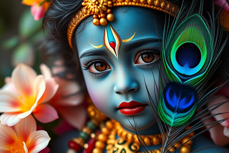 Create a vibrant portrait of a divine blue-skinned child deity adorned with intricate golden jewelry and a colorful peacock feather, surrounded by flowers, captured in high-resolution with a DSLR camera, 50mm lens, f/1.8 aperture, in soft natural light for enhanced detail and depth.