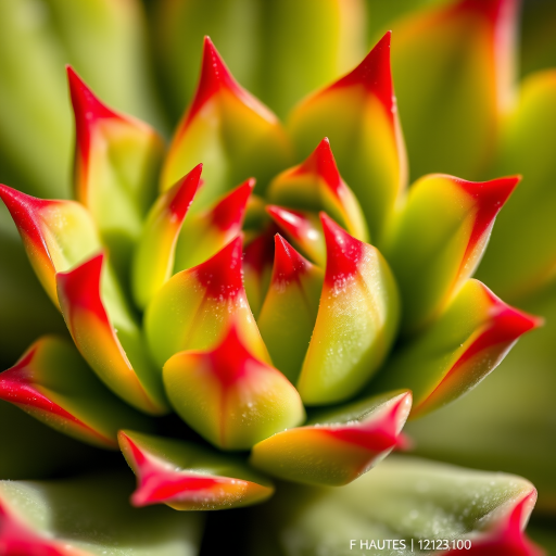 macro shot of a vibrant green succulent with red tips, aperture f/2.8, shutter speed 1/125s, ISO 100, 50mm lens, natural light, shallow depth of field, focus on texture and details