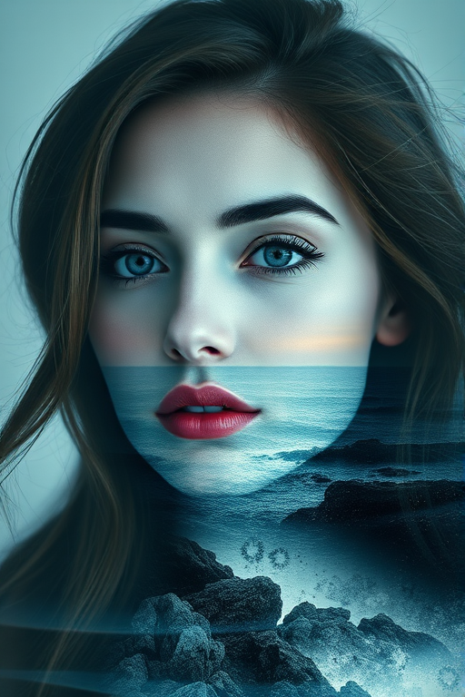 this photo is Book cover, A surreal double exposure portrait that blends a woman's face with a beautiful seascape. The overall mood is dreamy and mystical, with rich colors and intricate details