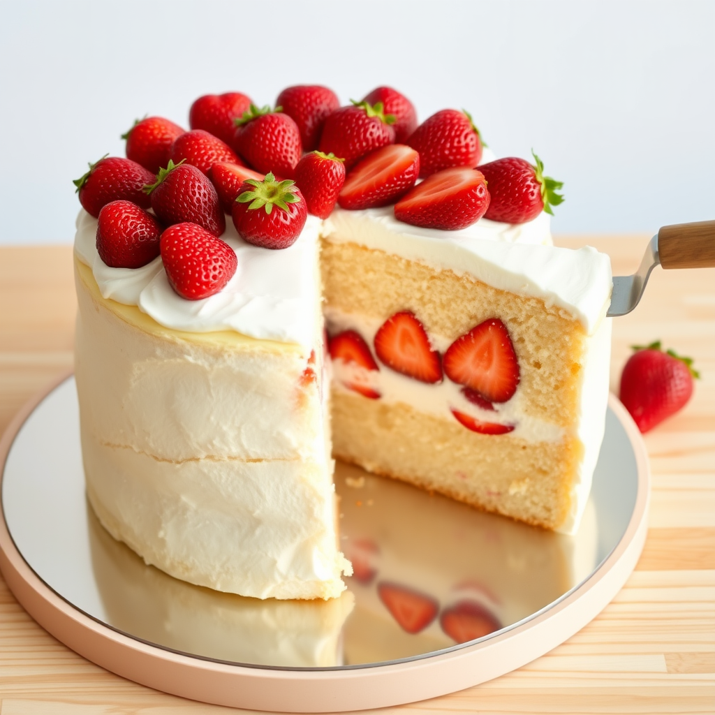 Create an image of a classic strawberry shortcake. The cake should be round and consist of two layers of light, fluffy vanilla sponge. Between the layers, there's a generous spread of whipped cream and whole strawberries. The top of the cake is covered with a smooth layer of whipped cream and decorated with whole strawberries arranged evenly around the edge. One slice is cut out and placed on a cake lifter, showcasing the layers and filling. The cake is set on a round, reflective cake board on a light wooden table, with a soft-focus background.