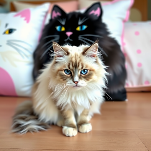 A fluffy white and gray cat with striking blue eyes sitting on a wooden floor in front of plush cat-themed pillows with pink accents in a cozy room setting. The cat has long fur and a serious expression, while the background features a softly lit bed with pastel colors.