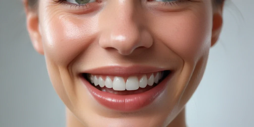 Beaming Picture Radiant Smile: A Close-Up of a Joyful Womanโs Beaming Face