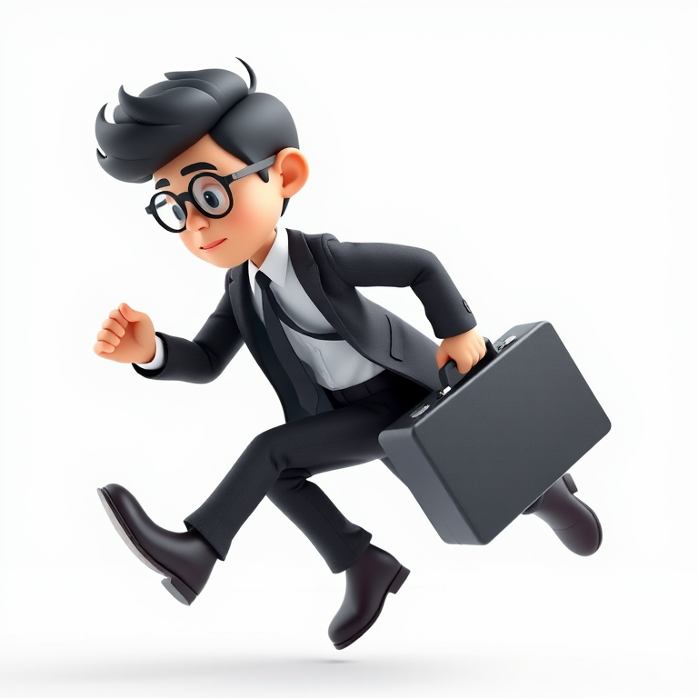 Create a 3D character running with a briefcase, wearing a suit and tie, shot with a Canon EOS R5, 50mm lens, f/1.8 aperture, ISO 100, soft side lighting from the left, shallow depth of field, and a clean white background.