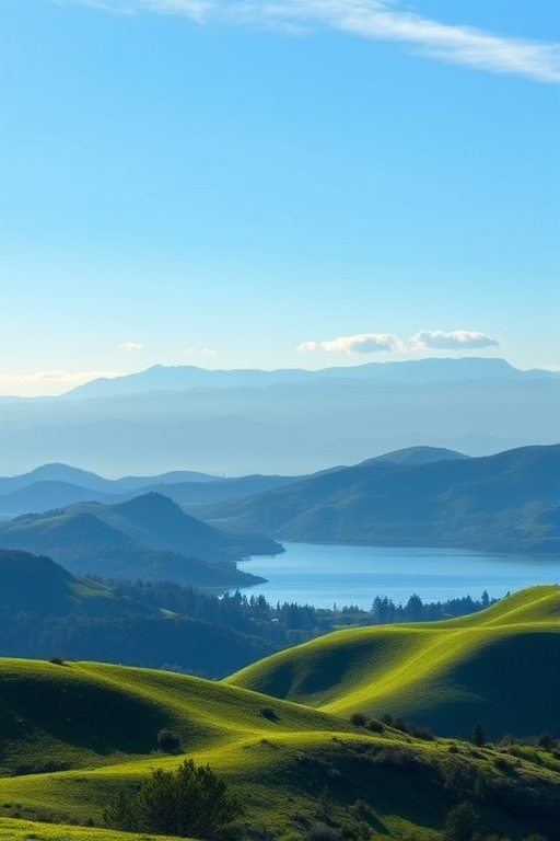 Create a tranquil landscape scene featuring soft blue mountains in the background, rolling green hills in the foreground, and a serene lake reflecting the scenery, captured with a Canon EOS 5D Mark IV, 24mm lens, f/8 aperture, 1/125 sec shutter speed, ISO 100, in a panoramic view with high dynamic range for enhanced detail and color vibrancy.