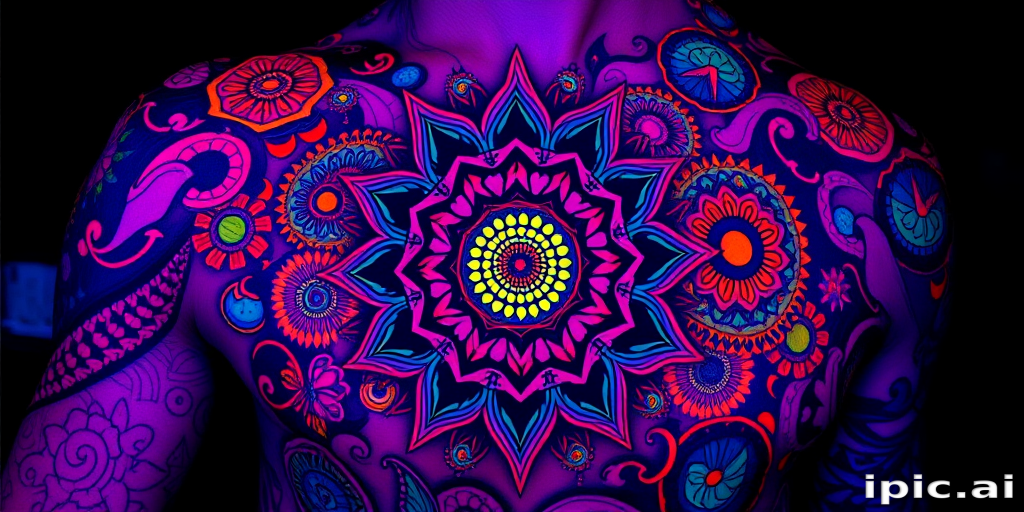 Psychedelic tattoo titled "Kaleidoscope Dreams" showcasing swirling, vibrant patterns and mandalas that seem to move and shift, incorporating UV-reactive ink for an extra dimension in blacklight