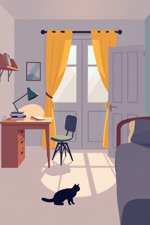 Create a minimalist illustration of a cozy room featuring a desk with a desk lamp, a stack of books, a window with yellow curtains, a door, a black cat on the floor, and a bed, using a high-resolution digital camera with a 35mm lens, aperture set to f/8, ISO 100, and soft lighting to enhance colors and contrast.