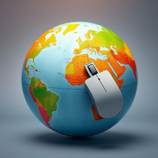 Create a high-resolution illustration of a globe with a computer mouse overlay, using a Canon EOS 5D Mark IV, 50mm lens, f/2.8 aperture, ISO 100, soft focus background, vibrant colors, and a flat perspective.