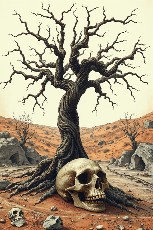 Generate a highly detailed illustration of a twisted, gnarled tree standing over a skull in a barren landscape, captured with a DSLR camera at f/8, ISO 200, 50mm lens, shooting from a low angle with a shallow depth of field for enhanced texture and clarity.