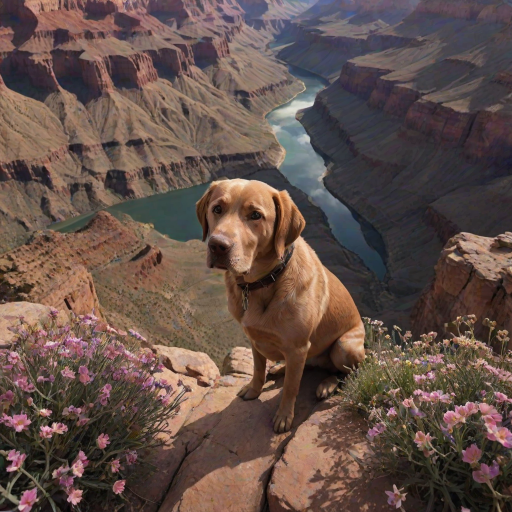 dark and unsettling dream showing in Grand Canyon, USA, Overhead View, sage and brown Labrador Retriever is esthetic, captivating spring bloom on the background , avatar of elements. magical surrealism, wizardry. best quality, high resolution (embedding:dw01-3400:0.8) <lora:F_QuinnXL:0.8>
