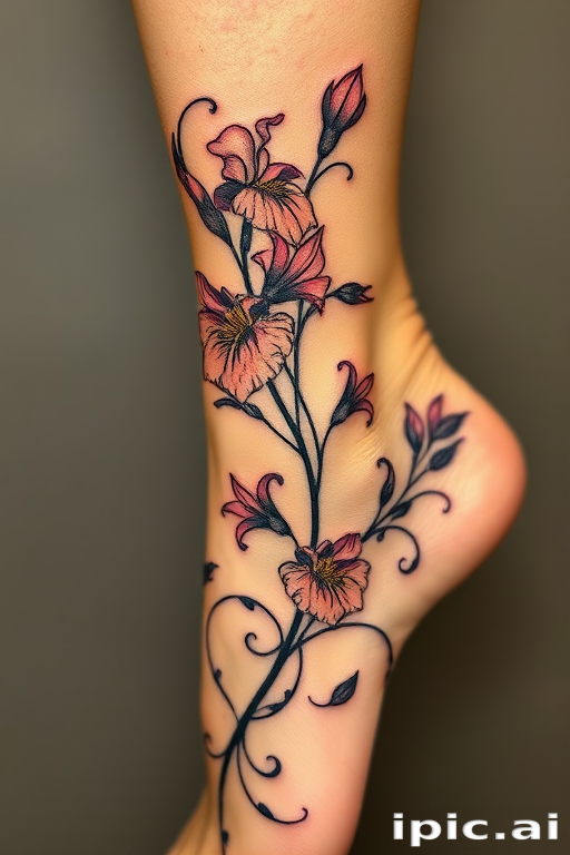 Enchanting art nouveau-inspired floral tattoo with sinuous lines and organic shapes, depicting blooming irises and trailing vines, gracefully wrapping around the ankle and lower leg