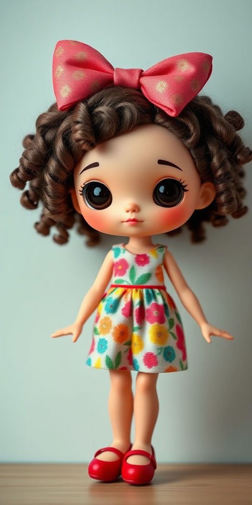 Create a high-resolution image of a cartoon doll with a big bow and curly hair, wearing a colorful dress with a floral pattern, against a plain background, using a DSLR camera with a 50mm lens, aperture set to f/2.8, ISO 100, and a soft focus for enhanced depth of field.