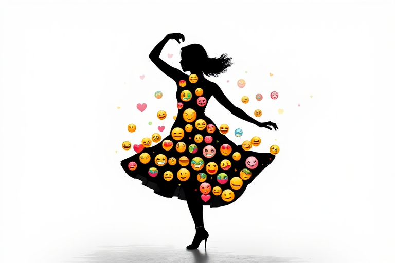 Create a vibrant silhouette of a dancer filled with assorted colorful emojis, shot with a Canon EOS R5, 50mm lens, f/1.2 aperture, ISO 100, and a high dynamic range for enhanced detail and color contrast, in a minimalist studio setting with soft, even lighting.
