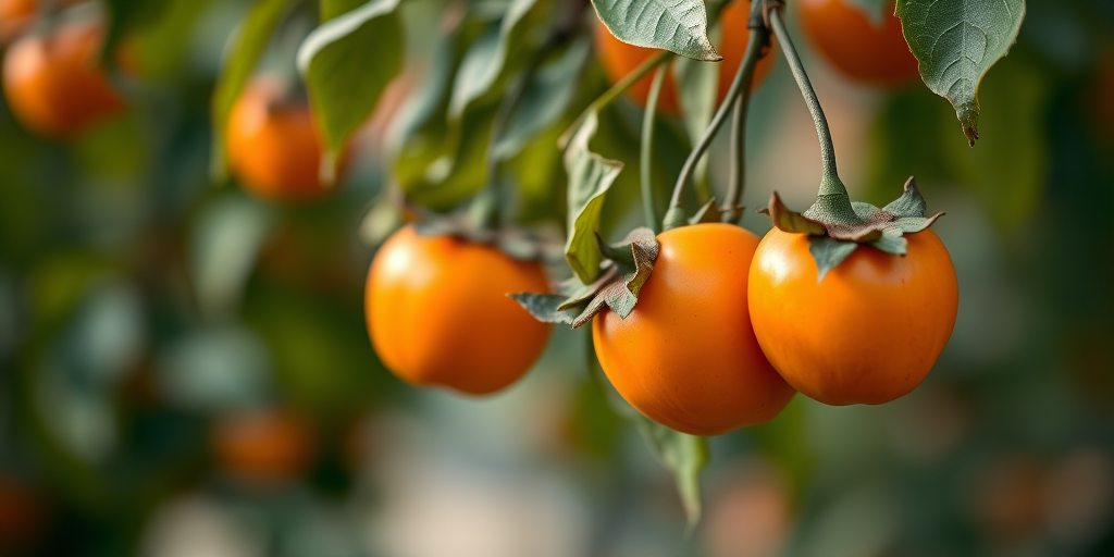 Close-up of hanging persimmons in a vibrant orange color against a blurred background, with a Canon EOS R5, 50mm f/1.2 lens, aperture f/2.8, ISO 200, shutter speed 1/250 sec, natural soft lighting.