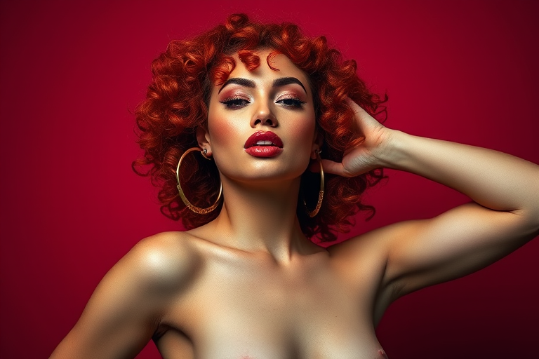 woman with curly red hair wearing large hoop earrings and shimmering makeup, striking a pose against a deep red background