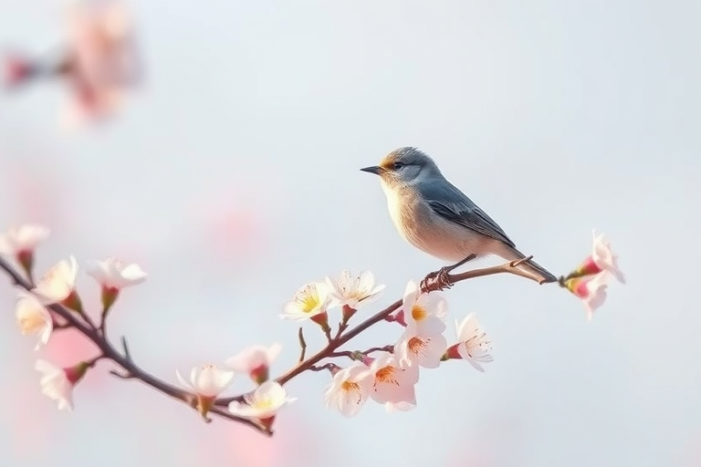 Illustrate a stylized bird perched on a flowering branch with soft pastel colors in the background, focus on a minimalist design, use a Canon EOS R5 with a 50mm lens, aperture f/2.8, ISO 100, soft natural lighting, capturing a clean and vibrant aesthetic.