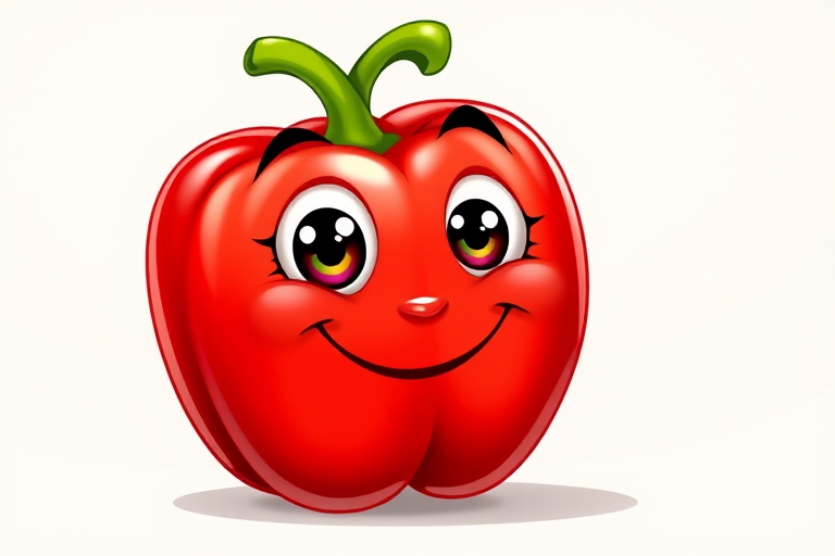 Create a vibrant, cartoon-style illustration of a smiling red bell pepper with large expressive eyes and a small smile, using a digital camera with a focal length of 50mm, aperture of f/2.8, and a soft-focus background for a playful effect.