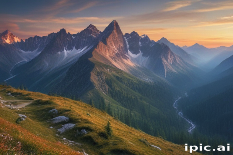 Majestic Mountain Peaks Under a Vibrant Sunset Sky in Nature's Splendor