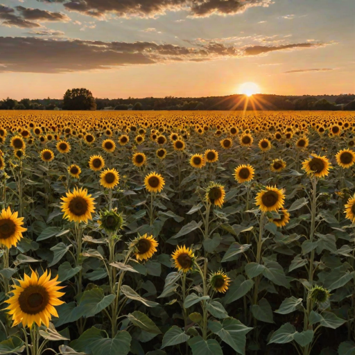 Sharp, high-contrast photo of a field of sunflowers stretching into the horizon, soft golden light from the setting sun casting long shadows, the smell of fresh blooms in the air, and the feeling of summer vibrancy.