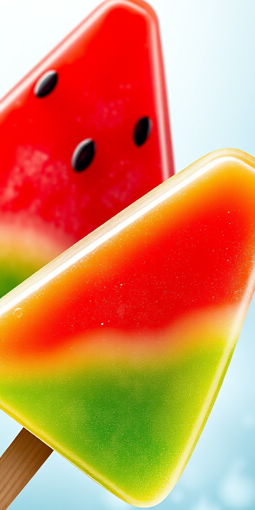 Create a vibrant illustration of two triangular popsicles, one red with black seeds resembling watermelon and one green with droplets, in high resolution, shot from a close-up angle using a DSLR camera with a 50mm lens, aperture f/2.8, ISO 100, and natural lighting to enhance colors and details.