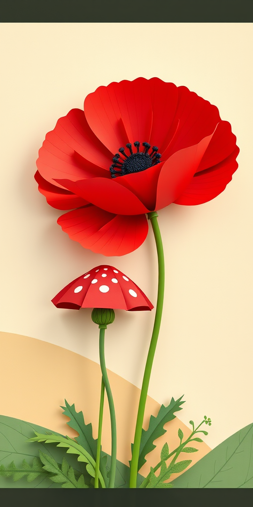 Create a vibrant paper art depiction of a large red poppy flower alongside a smaller mushroom, set against a softly curved background with shades of cream and light green, using a DSLR camera, 50mm lens, f/2.8 aperture, ISO 100, with soft natural lighting to enhance the colors and details.
