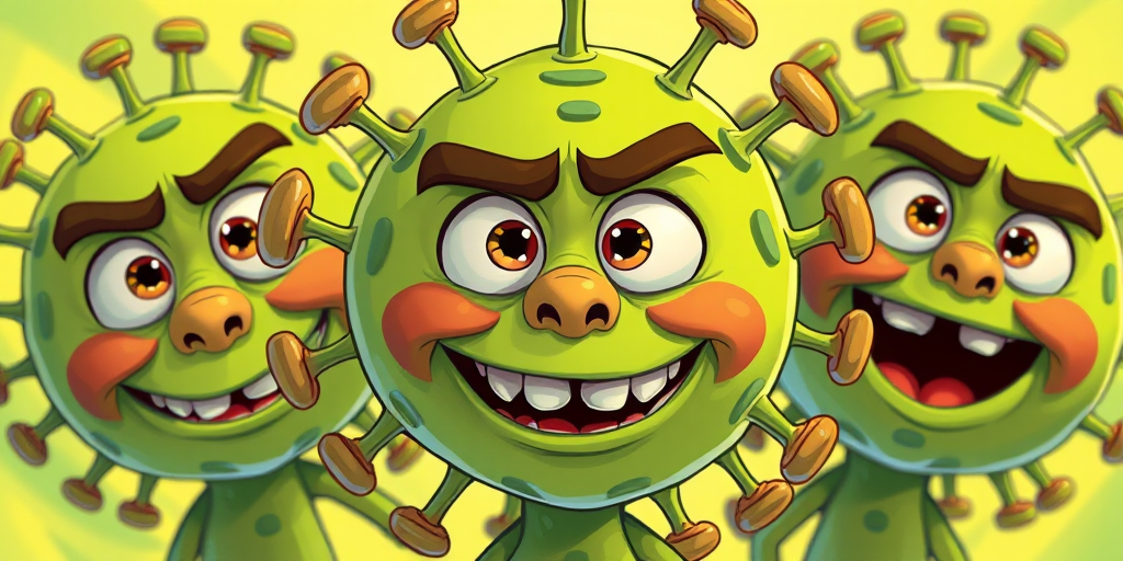 Create a vibrant illustration of three cartoonish green virus characters with exaggerated facial features, using a high-resolution digital art style, shot from a close-up perspective, with a Canon EOS R5 camera, settings at f/4.0, ISO 100, and a 50mm lens to enhance image quality and detail.
