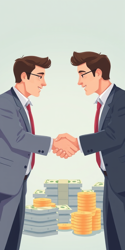 Generate an illustration of two businessmen shaking hands in front of stacks of cash and coins, use a soft pastel color palette, high resolution 300 DPI, shot with a 50mm lens at f/2.8 for a shallow depth of field, focused on the handshake with a blurred background, vector art style.