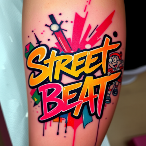 Graffiti style tattoo named "Street Beat" featuring bold dynamic lettering and cartoon characters in bright neon colors with a spray paint effect for an urban street art inspired look