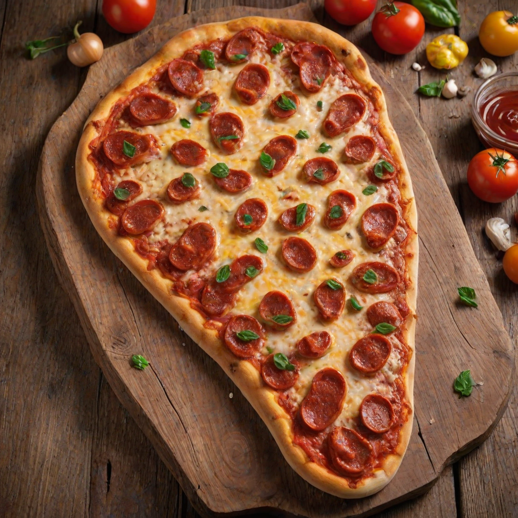 Pizza shaped like giant human foot. Golden-brown crust mimics skin texture and toenails. Tomato sauce and melted cheese cover 'sole'. Various toppings scattered realistically. Soft side lighting highlights textures. Served on rustic wooden table. Closeup view.