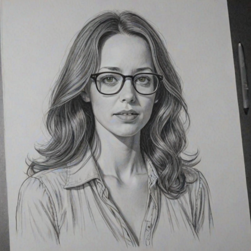 Magnificent Amy Acker, pencil sketch, portrait of Bewitching woman 1972s in glasses, hair style beatnik, outline, clear lines, fine lines, 8k