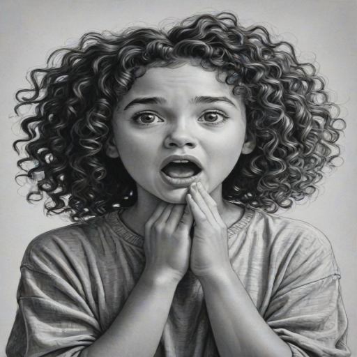 The image is a black and white illustration of a young girl with curly hair. She has a surprised expression on her face with her mouth open and her hands clasped together in front of her chest. Her eyes are wide and her eyebrows are furrowed. Her hair is styled in loose curls that are cascading down her back. The overall mood of the image is one of shock or surprise.