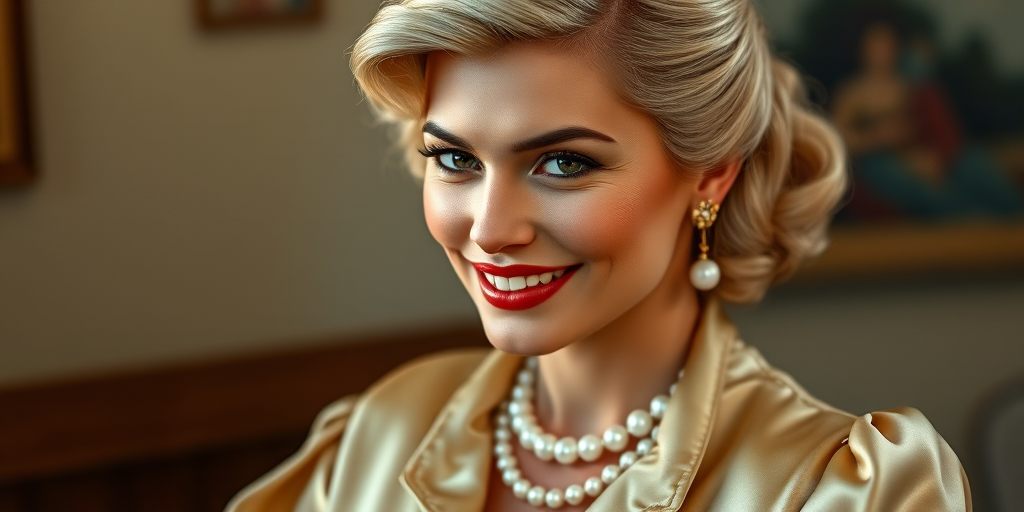 A beautiful Inca woman reminiscent of 1950s Hollywood glamour, with perfectly styled blonde hair and a seductive smile, dressed in a satin blouse and adorned with pearls, soft and warm tones, photorealistic, 8K