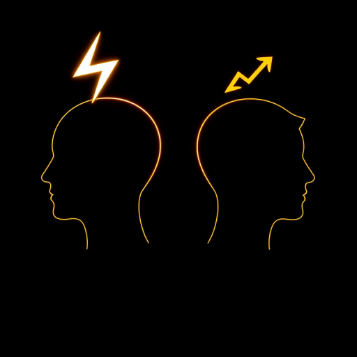Create an image of two stylized heads in profile view, illuminated in gold against a dark background, with a lightning bolt above one head and a zigzag arrow above the other, captured with a DSLR camera, 50mm lens, f/1.8 aperture, ISO 100, 1/125 sec shutter speed, low light setting.