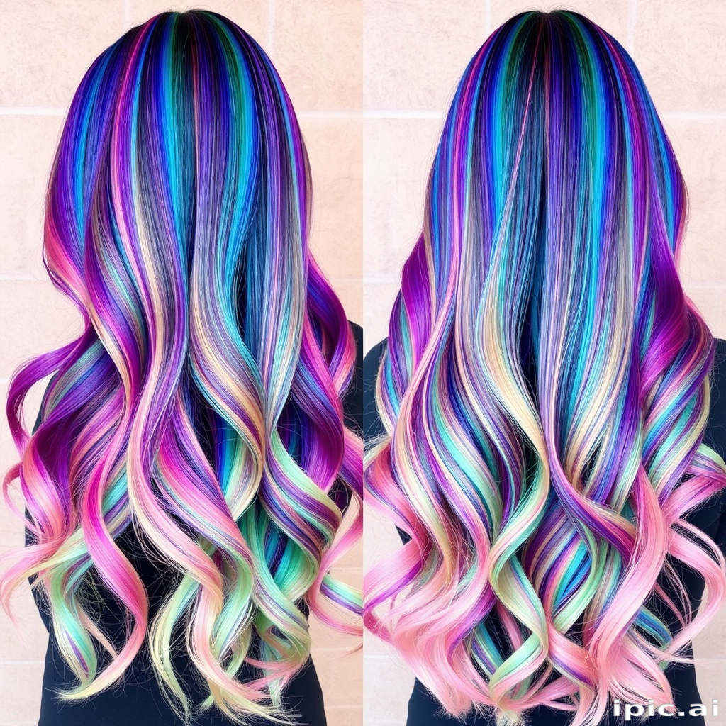 Multi-toned rainbow hair in long, flowing waves showcases the "Prism Cascade" style, featuring a seamless blend of vibrant hues that transition from deep indigo at the roots through shades of emerald, sapphire, amethyst, ruby, and golden topaz, culminating in pale pink tips that create a mesmerizing spectrum of color