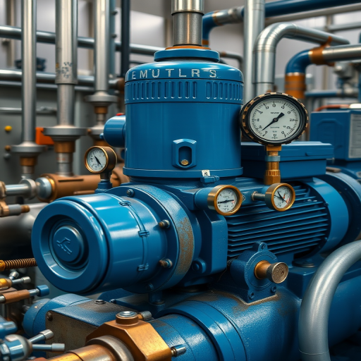 high-quality industrial setup featuring a blue motor and pressure gauges, with detailed piping, shot using a Canon EOS R5 at f/8, ISO 100, 24mm lens, soft lighting for enhanced clarity and detail