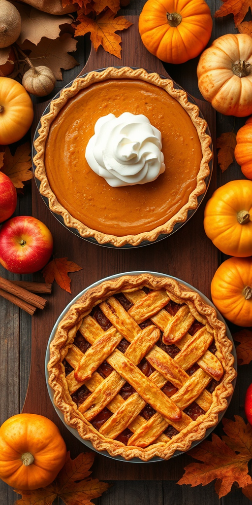 A cozy autumn scene featuring a beautifully arranged tabletop with two types of pie one being a pumpkin pie topped with whipped cream and the other a lattice apple pie surrounded by fresh apples pumpkins cinnamon sticks and scattered leaves in warm earthy tones