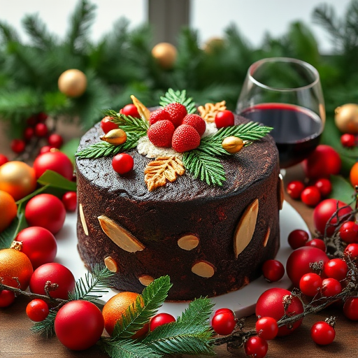 create a still life image of a decorated holiday cake surrounded by festive fruits and ornaments, with a glass of red wine, using a DSLR camera, 50mm lens, aperture f/2.8, ISO 100, natural lighting, focus on vibrant colors and textures
