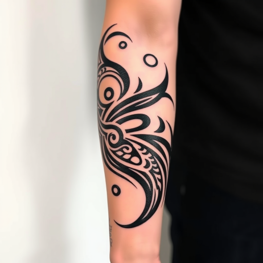 Powerful tribal-inspired tattoo wrapping around the bicep and forearm featuring bold black patterns with negative space elements inspired by Polynesian and Maori designs intricate swirls and sharp angles