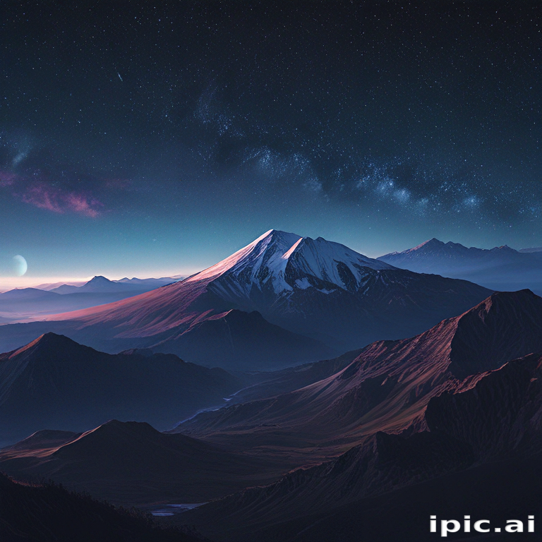 Majestic Mountain Landscape Under a Starry Sky with Cosmic Elements