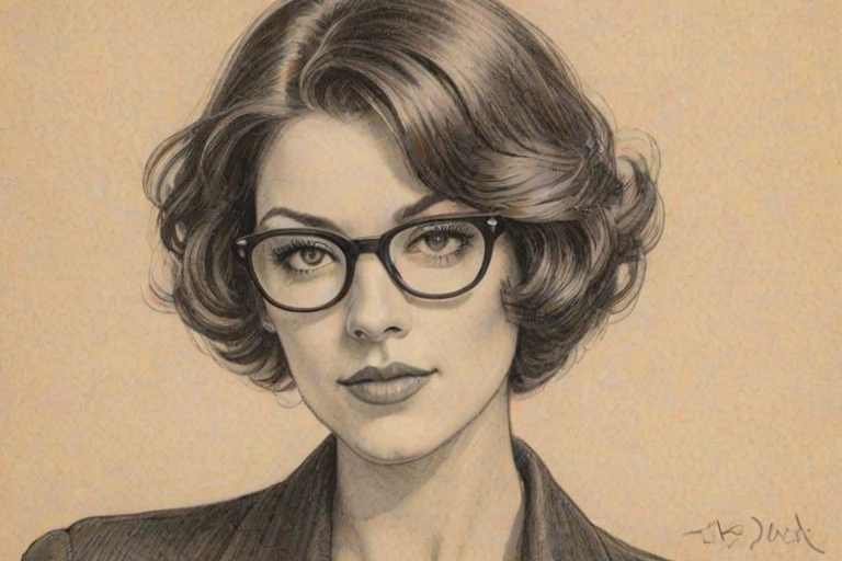 Captivating Alana De La Garza, pencil sketch, portrait of Enticing woman 1928s in glasses, hair style beatnik, outline, clear lines, fine lines, 8k