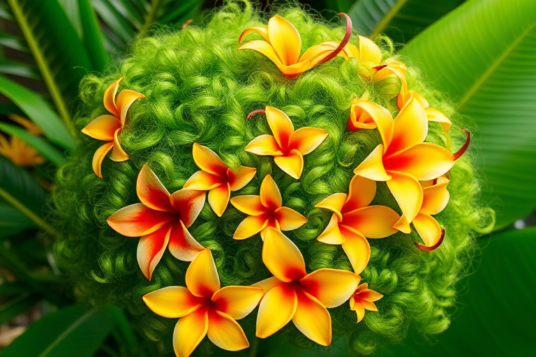 Tropical paradise blend of vibrant greens, yellows, and oranges, styled in voluminous curls adorned with exotic flowers, evoking lush island landscapes
