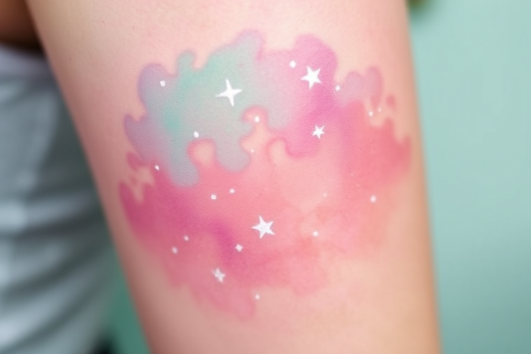 Ethereal pastel gradient tattoo named "Celestial Dreamscape" portraying a dreamy galaxy scene with soft pink, lavender, and mint green hues dotted with shimmering white ink stars